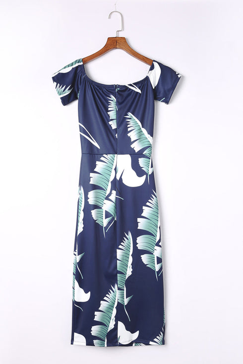 Print Off Shoulder Slit Bodycon Midi Dress