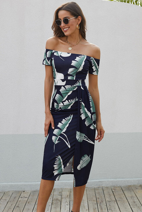 Print Off Shoulder Slit Bodycon Midi Dress