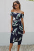 Print Off Shoulder Slit Bodycon Midi Dress