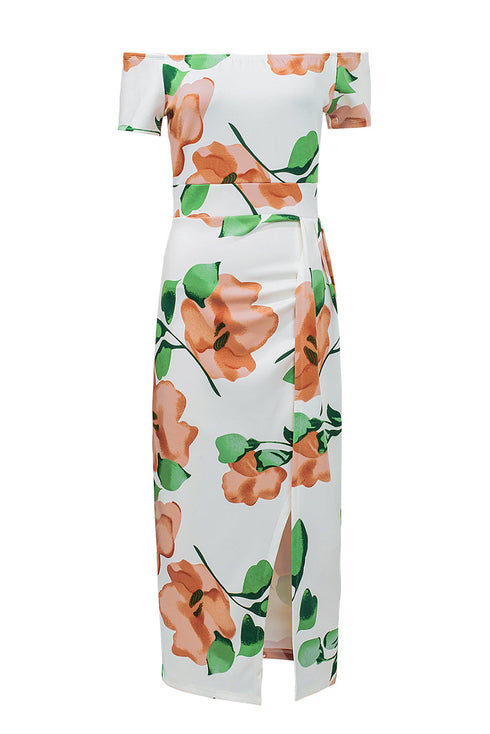 Print Off Shoulder Slit Bodycon Midi Dress