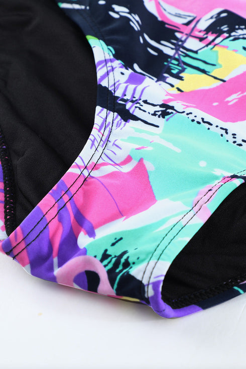 Print Zip Front Half Sleeve One Piece Swimsuit