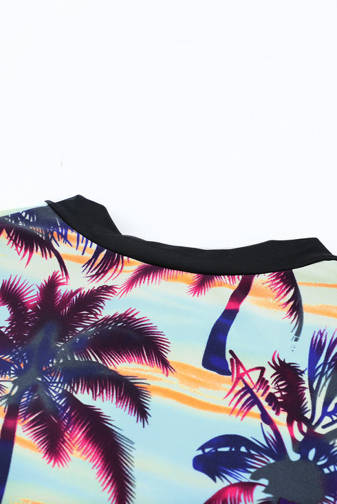 Print Zip Front Half Sleeve One Piece Swimsuit