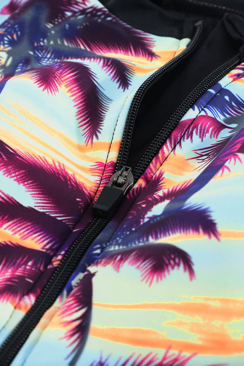 Print Zip Front Half Sleeve One Piece Swimsuit
