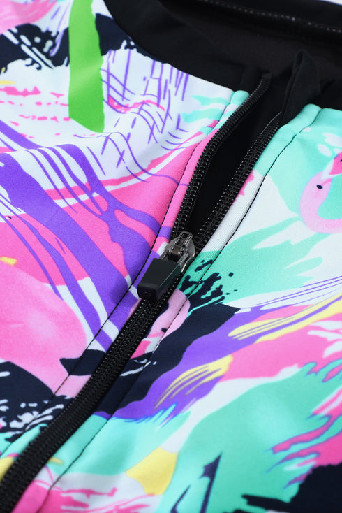 Print Zip Front Half Sleeve One Piece Swimsuit