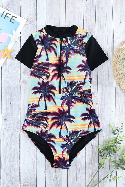 Print Zip Front Half Sleeve One Piece Swimsuit