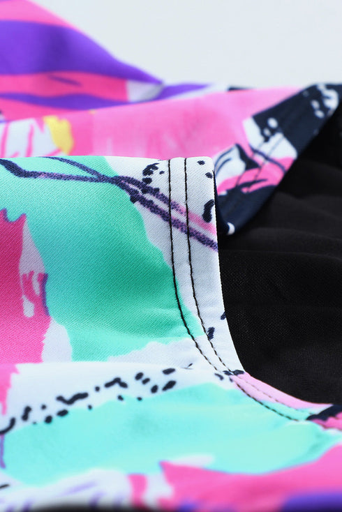 Print Zip Front Half Sleeve One Piece Swimsuit