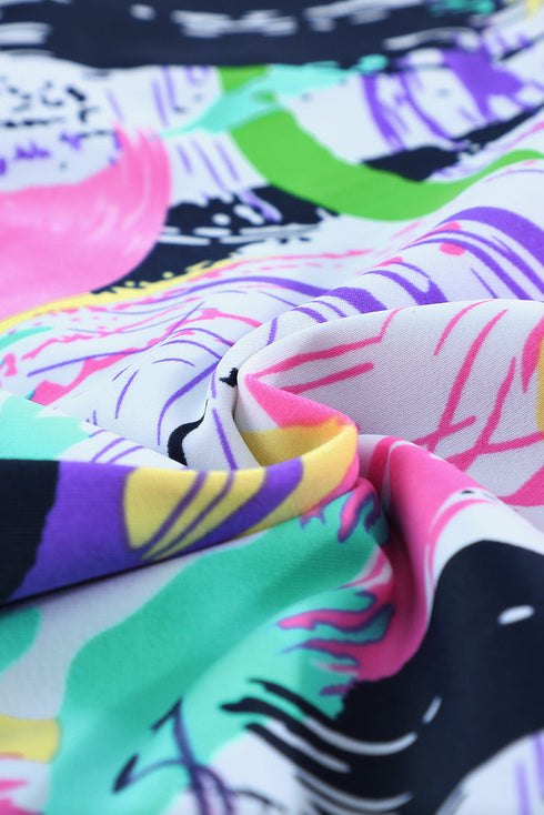 Print Zip Front Half Sleeve One Piece Swimsuit