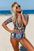 Print Zip Front Half Sleeve One Piece Swimsuit