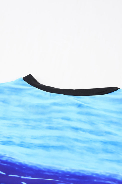 Print Zip Front Half Sleeve One Piece Swimsuit