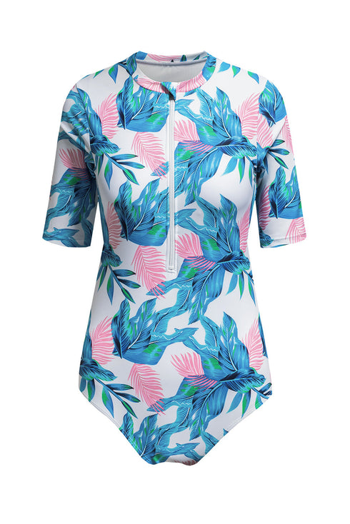 Print Zip Front Half Sleeve One Piece Swimsuit