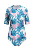 Print Zip Front Half Sleeve One Piece Swimsuit