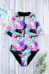 Print Zip Front Half Sleeve One Piece Swimsuit