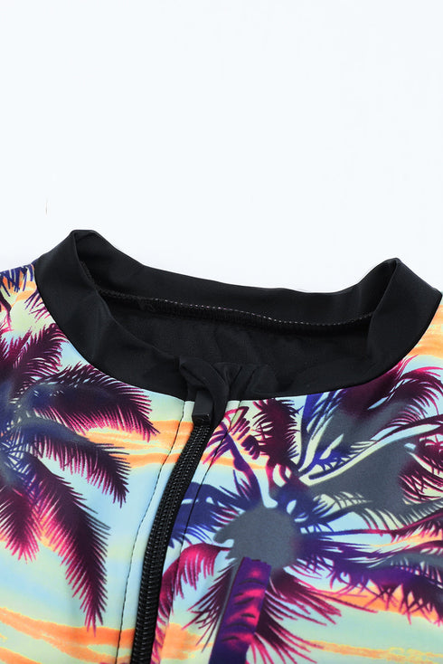 Print Zip Front Half Sleeve One Piece Swimsuit