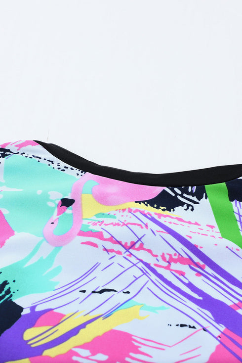 Print Zip Front Half Sleeve One Piece Swimsuit