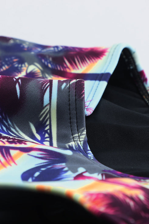 Print Zip Front Half Sleeve One Piece Swimsuit