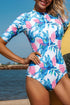 Print Zip Front Half Sleeve One Piece Swimsuit