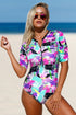 Print Zip Front Half Sleeve One Piece Swimsuit