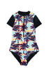 Print Zip Front Half Sleeve One Piece Swimsuit