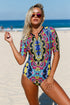 Print Zip Front Half Sleeve One Piece Swimsuit