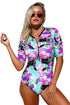 Print Zip Front Half Sleeve One Piece Swimsuit
