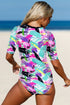 Print Zip Front Half Sleeve One Piece Swimsuit
