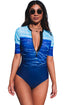 Print Zip Front Half Sleeve One Piece Swimsuit