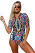 Print Zip Front Half Sleeve One Piece Swimsuit