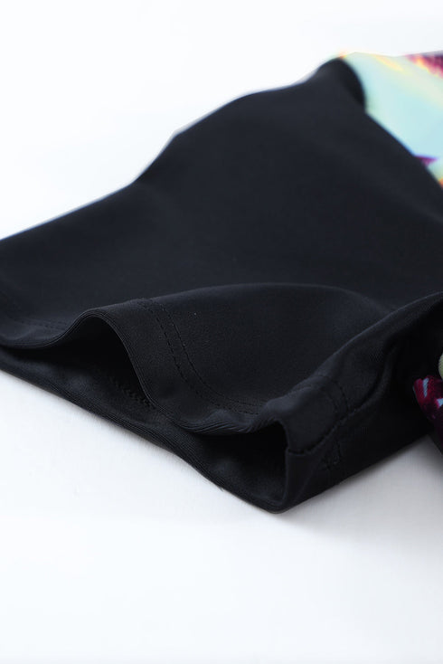 Print Zip Front Half Sleeve One Piece Swimsuit