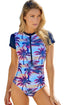 Print Zip Front Half Sleeve One Piece Swimsuit