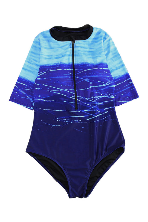 Print Zip Front Half Sleeve One Piece Swimsuit