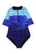 Print Zip Front Half Sleeve One Piece Swimsuit