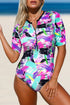 Print Zip Front Half Sleeve One Piece Swimsuit