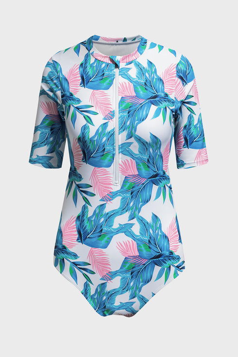 Print Zip Front Half Sleeve One Piece Swimsuit