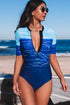 Print Zip Front Half Sleeve One Piece Swimsuit