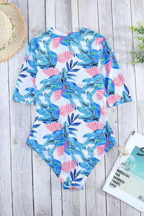 Print Zip Front Half Sleeve One Piece Swimsuit