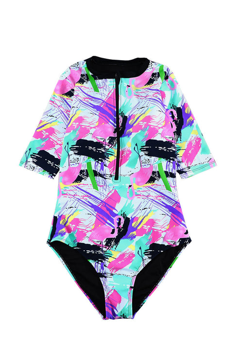 Print Zip Front Half Sleeve One Piece Swimsuit