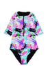 Print Zip Front Half Sleeve One Piece Swimsuit