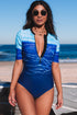 Print Zip Front Half Sleeve One Piece Swimsuit