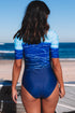 Print Zip Front Half Sleeve One Piece Swimsuit