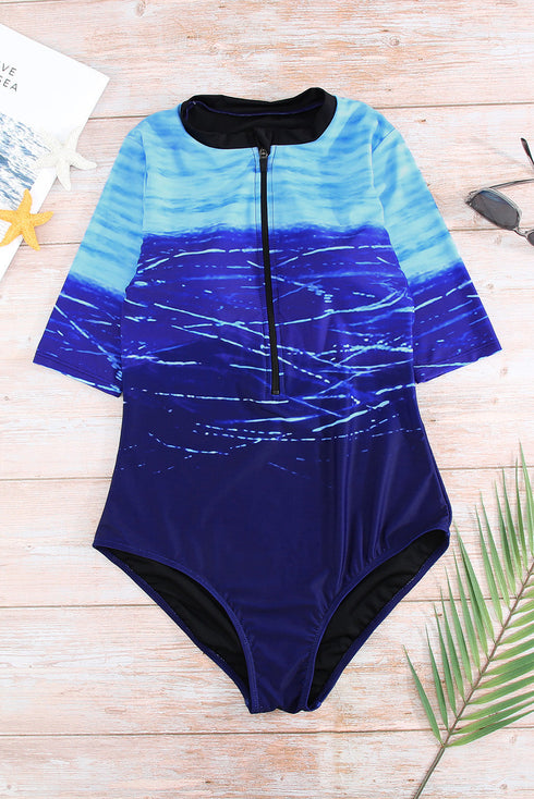 Print Zip Front Half Sleeve One Piece Swimsuit