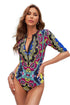Print Zip Front Half Sleeve One Piece Swimsuit