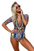 Print Zip Front Half Sleeve One Piece Swimsuit