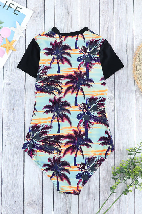 Print Zip Front Half Sleeve One Piece Swimsuit