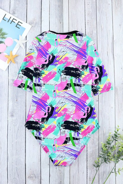 Print Zip Front Half Sleeve One Piece Swimsuit