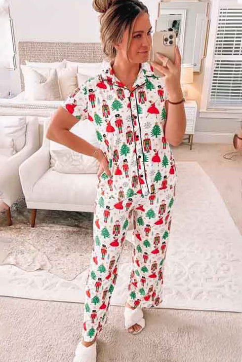 Printed Button Front Long Sleeve Two Piece Pajama Set