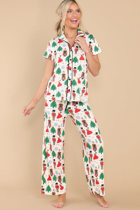 Printed Button Front Long Sleeve Two Piece Pajama Set