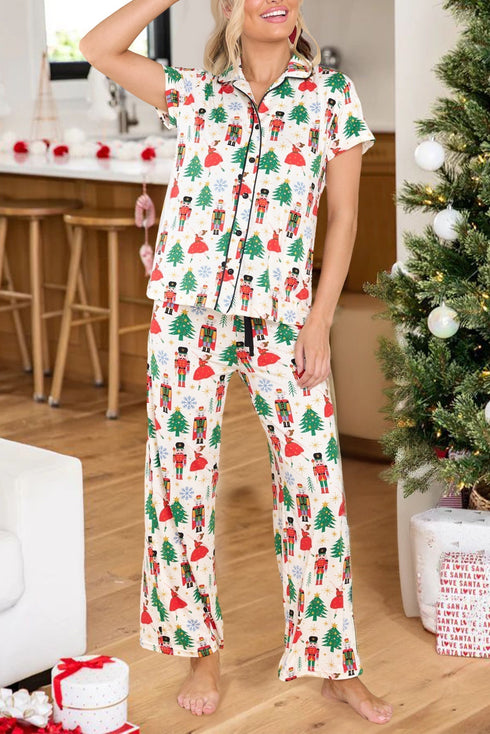 Printed Button Front Long Sleeve Two Piece Pajama Set
