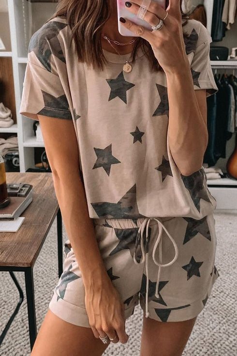 Printed Camouflage Star Pattern Short Set Loungewear