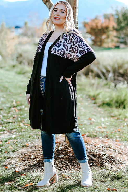 Printed Leopard Detail Plus Size Cardigan