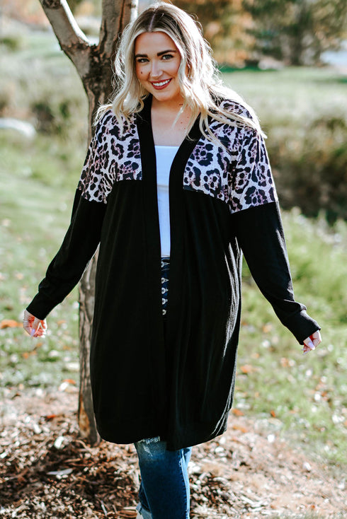 Printed Leopard Detail Plus Size Cardigan